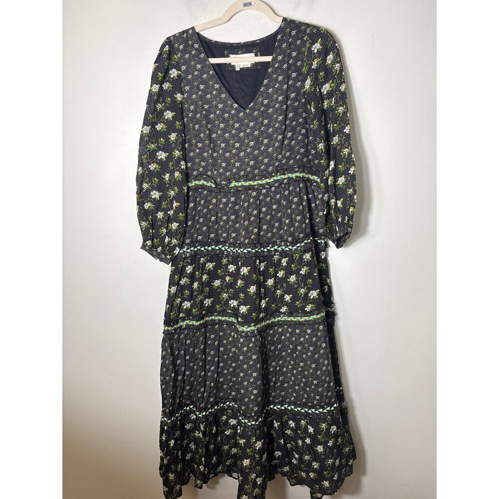 by Anthropologie Black White Floral V-Neck Tiered Maxi Dress Sz 6